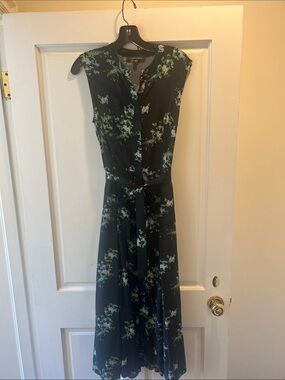 Sleeveless Black Floral Tie-Waist Midi Dress by Banana Republic